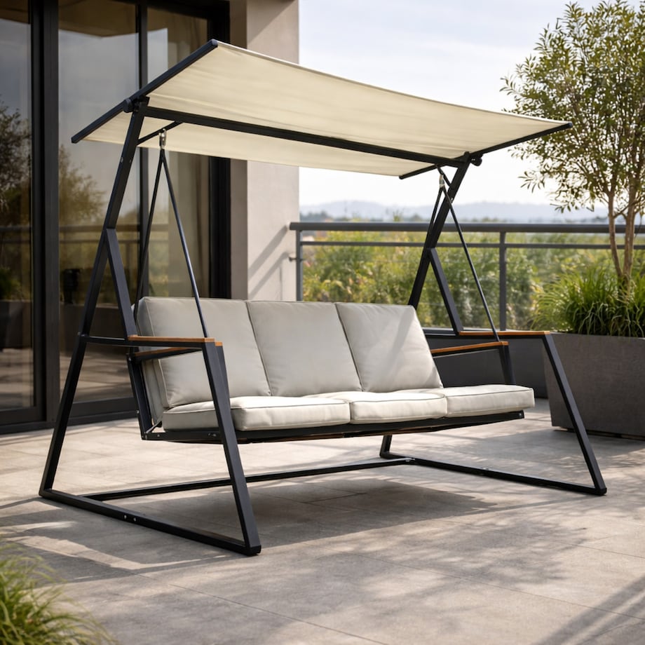 Huśtawka OGRODOWA 3-osobowa bujana z DASZKIEM duża METALOWA wolnostojąca