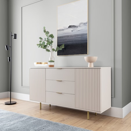 Komoda dwudrzwiowa z szufladami ryflowana beżowa/złote nóżki Molly