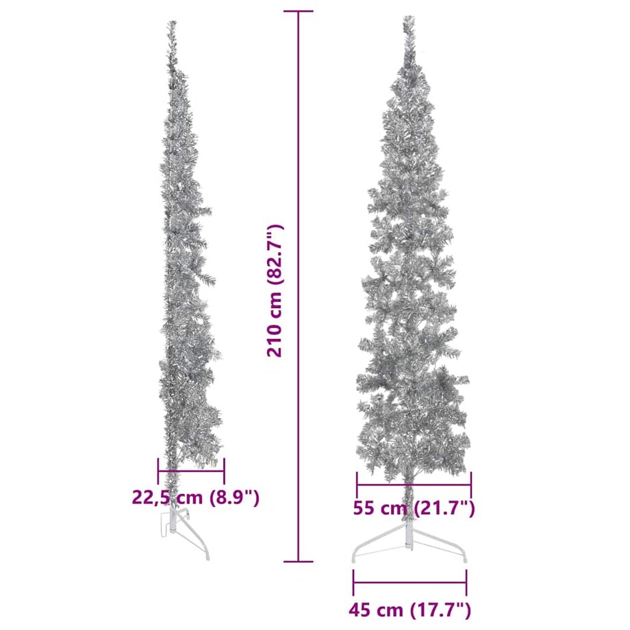 vidaXL Smukła choinka połówka ze stojakiem, sztuczna, srebrna, 210 cm