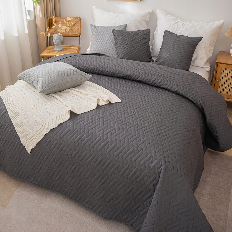 Narzuta na Łóżko 240 x 220 Pikowana Dash Grafitowa Dwustronna Jednokolorowa