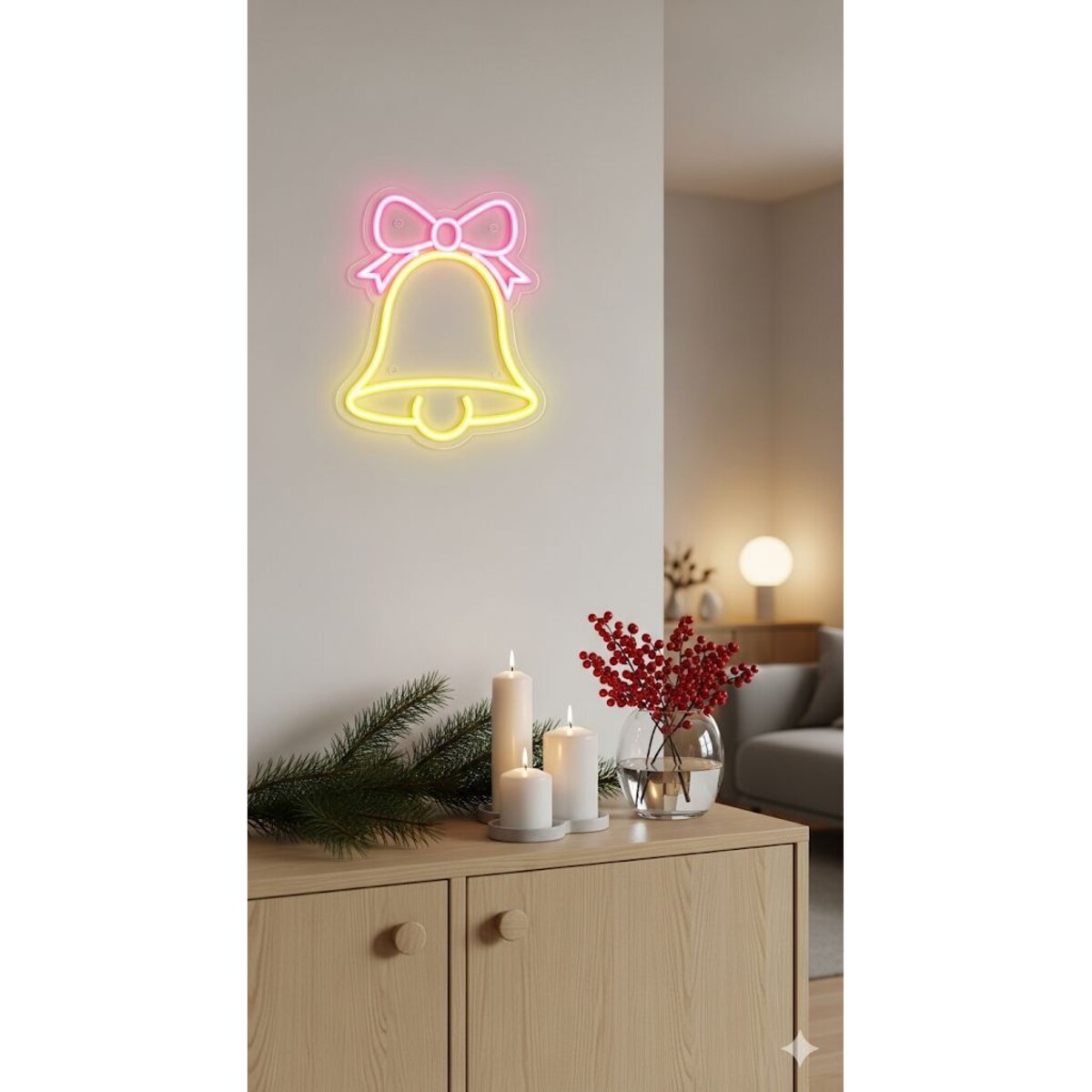 Świąteczny neon na ścianę, LED, 23 x 22 cm, na USB, kolor złoty, tworzywo sztuczne, motyw dzwonek