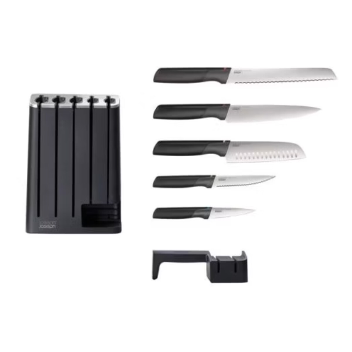 Zestaw 5 noży w bloku z ostrzałką Elevate, Joseph Joseph