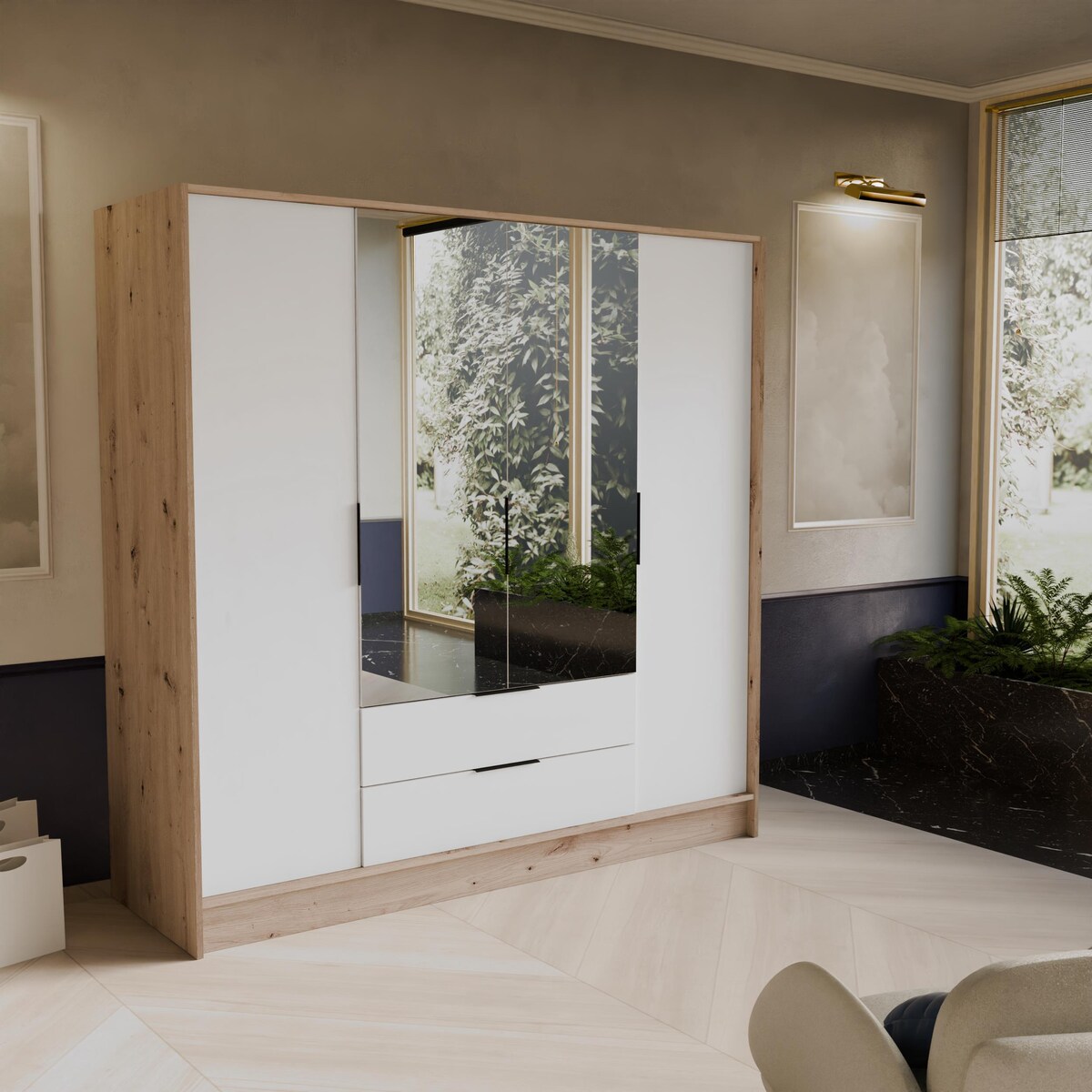 Szafa NIKOLA 200 z lustrem do garderoby, sypialni- sonoma+biały front