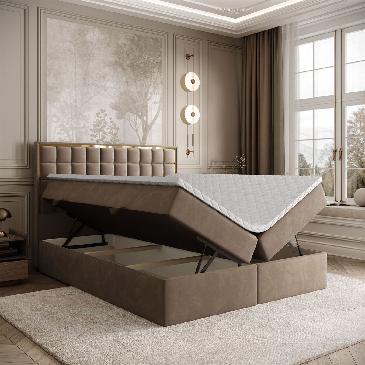 Łóżko kontynentalne ISADORA GOLD, pojemnik na pościel, 140x200, RV 176, topper