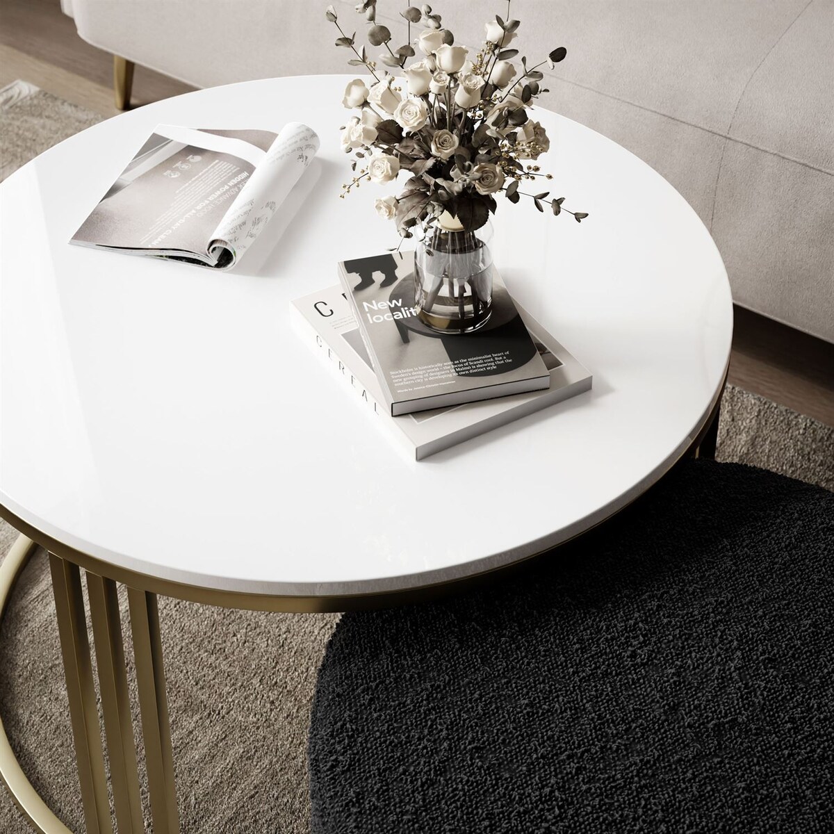 Stolik kawowy z pufą LORI POŁYSK złoto szczotkowane, biały / Coral 60