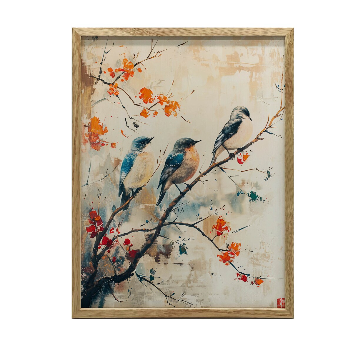 Gałązka Pełna Życia, 50x70 cm, rama drewniana jasny dąb, papier matowy 230 gsm