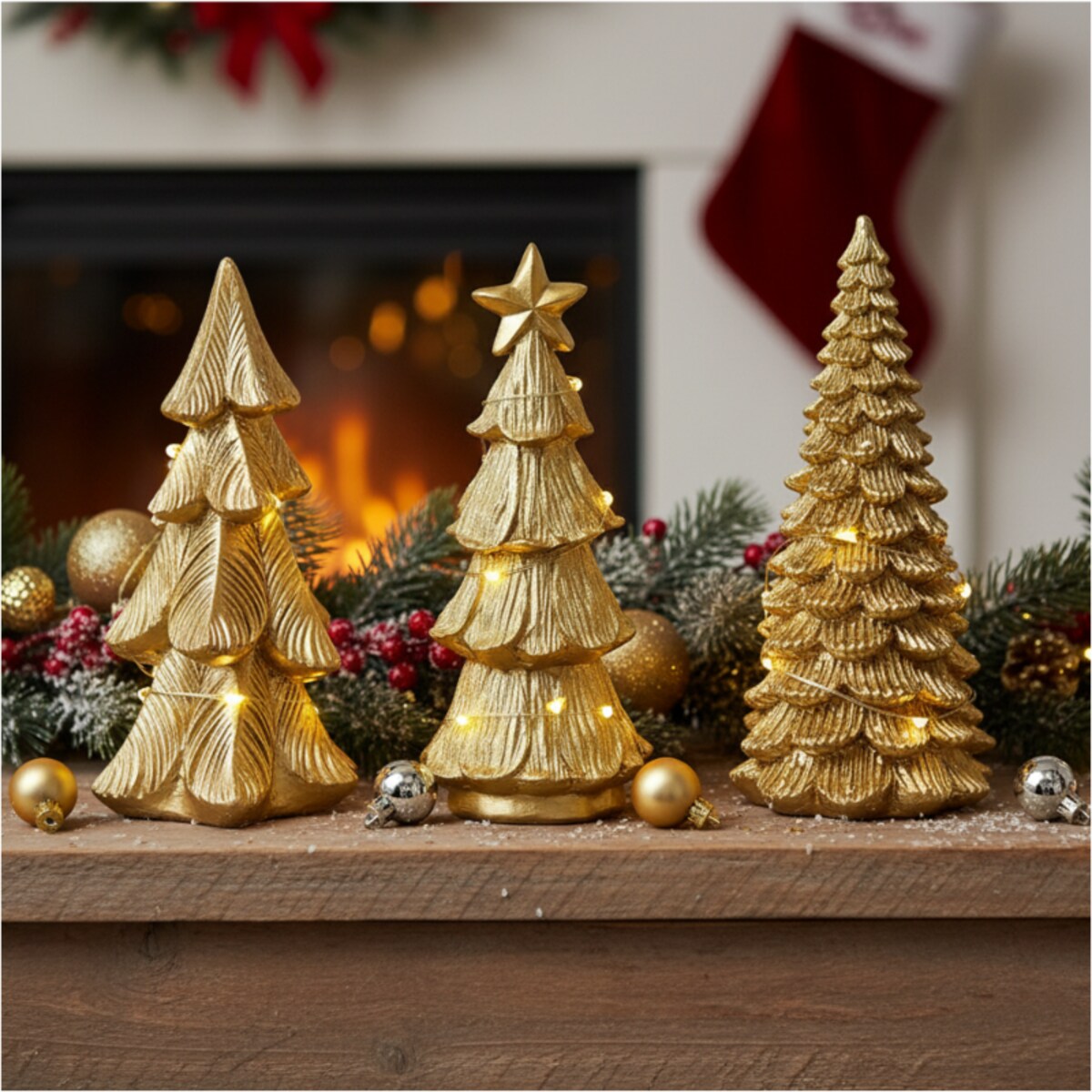 Choinka Led Złota Świecąca Figurka 15,5 Cm Ozdobna Dekoracja Świąteczna Na Baterie