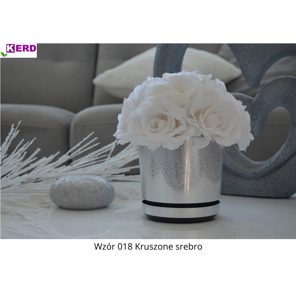 18 cm wzór KRUSZONE SREBRO Doniczka z podstawką elegancka drobinki lustra z połyskiem z drenażem nowoczesna