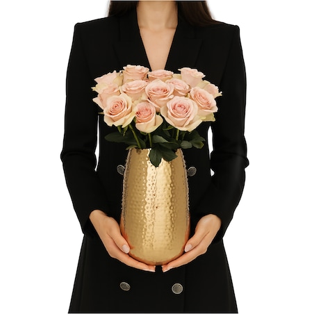 Wazon Metalowy Zdobiony Dekoracyjny 18X29 Cm Waza Ozdobna Na Kwiaty Złoty