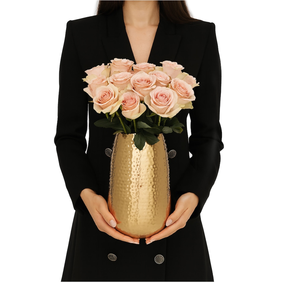 Wazon Metalowy Zdobiony Dekoracyjny 18X29 Cm Waza Ozdobna Na Kwiaty Złoty