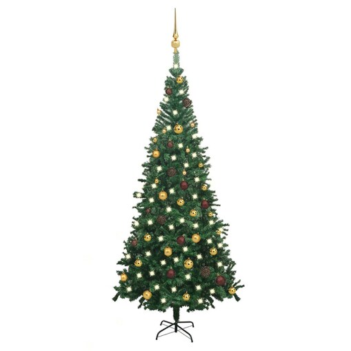 vidaXL Sztuczna choinka z lampkami i bombkami, L, 240 cm, zielona