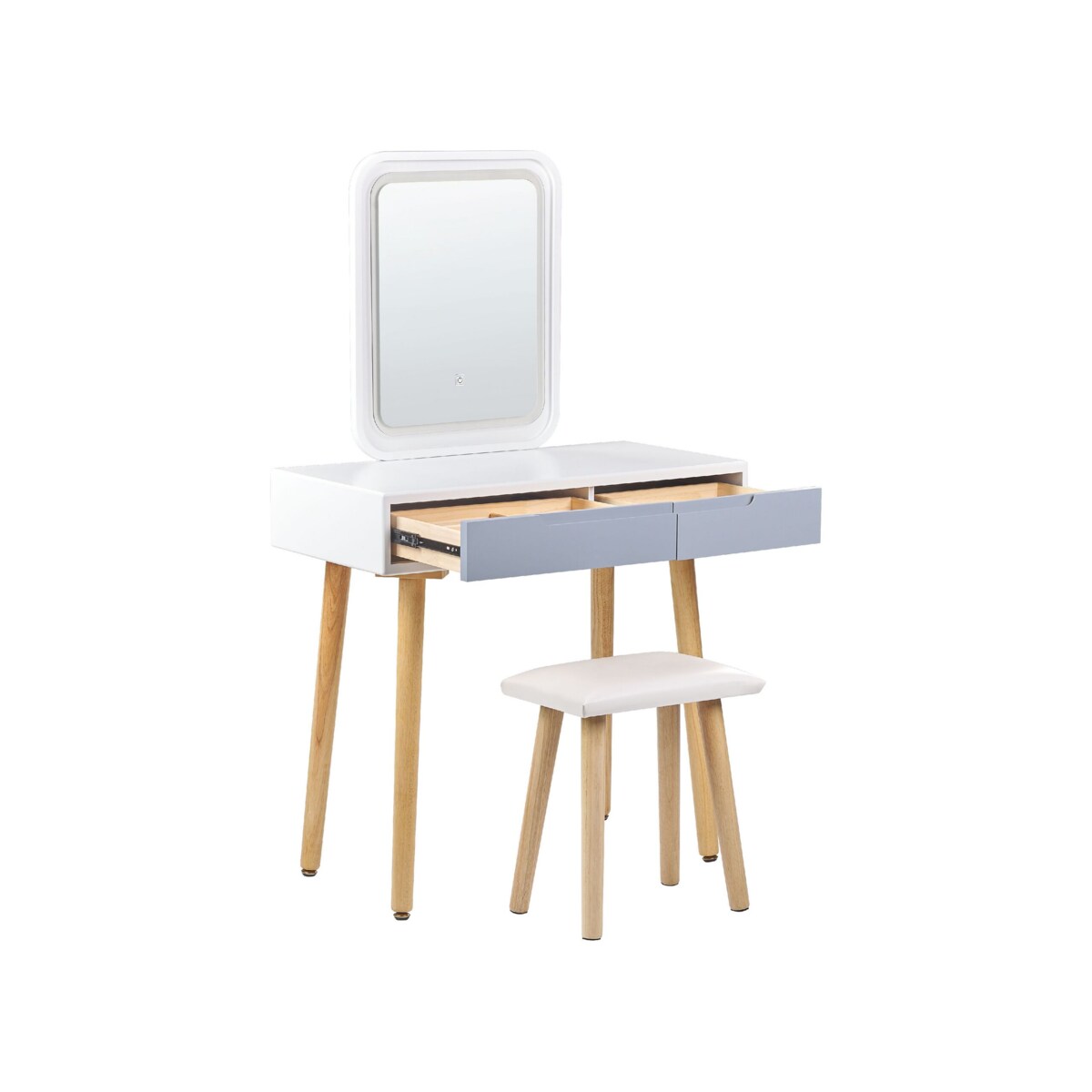 Toaletka 2 szuflady lustro LED ze stołkiem biało-szara DIEPPE