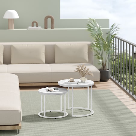 Stolik Kawowy Okrągły elegancki idealny do salonu 2 Sztuki - Marmur / Nogi Białe