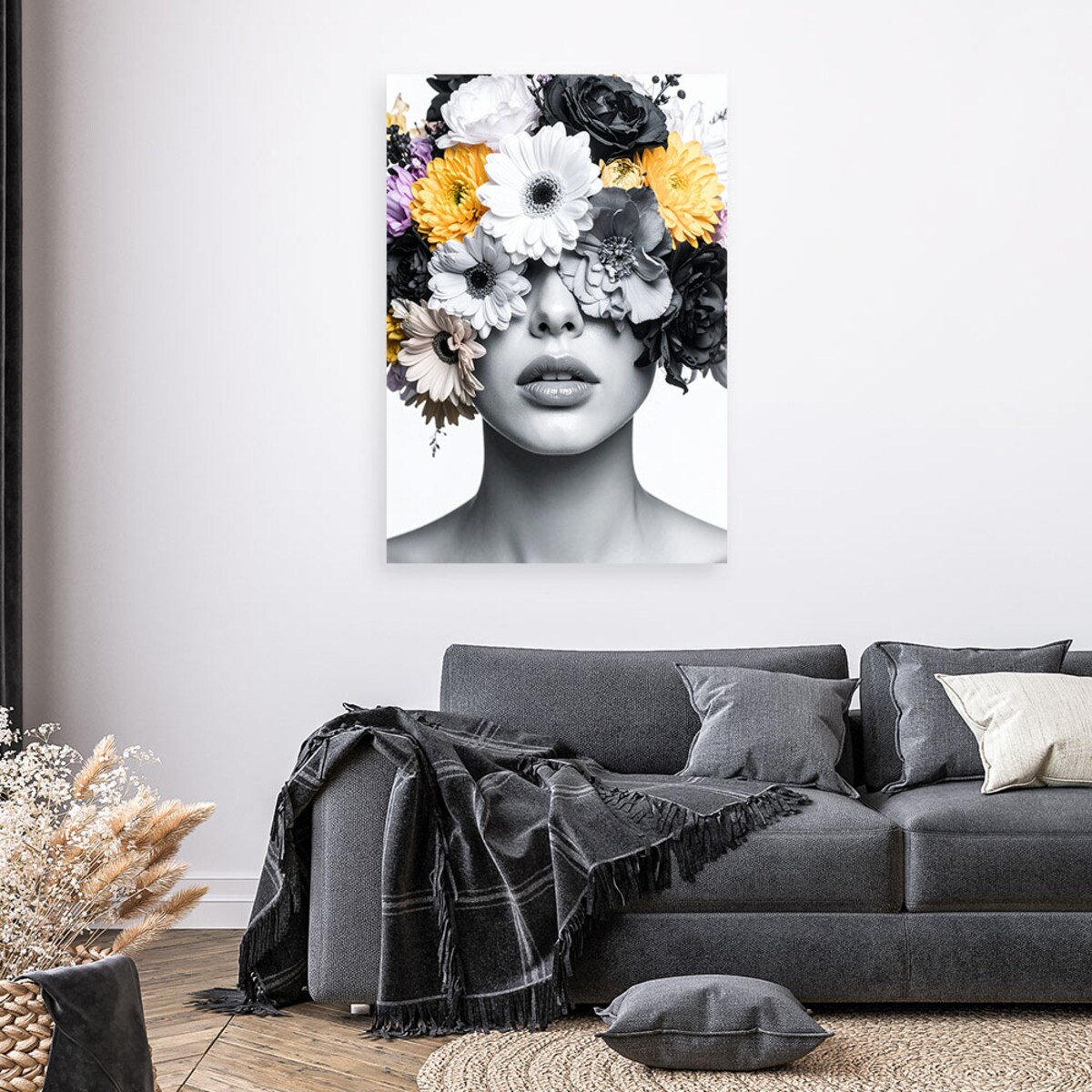 Obraz do salonu sypialni, Portret Kobieta z kwiatami na głowie 80x120