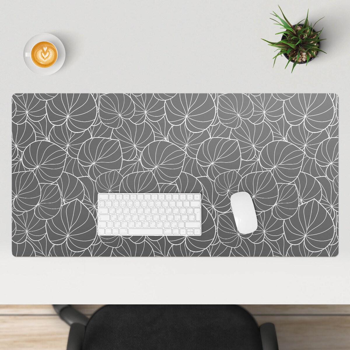 Szara mata na biurko Liście w abstrakcji, 100x50 cm