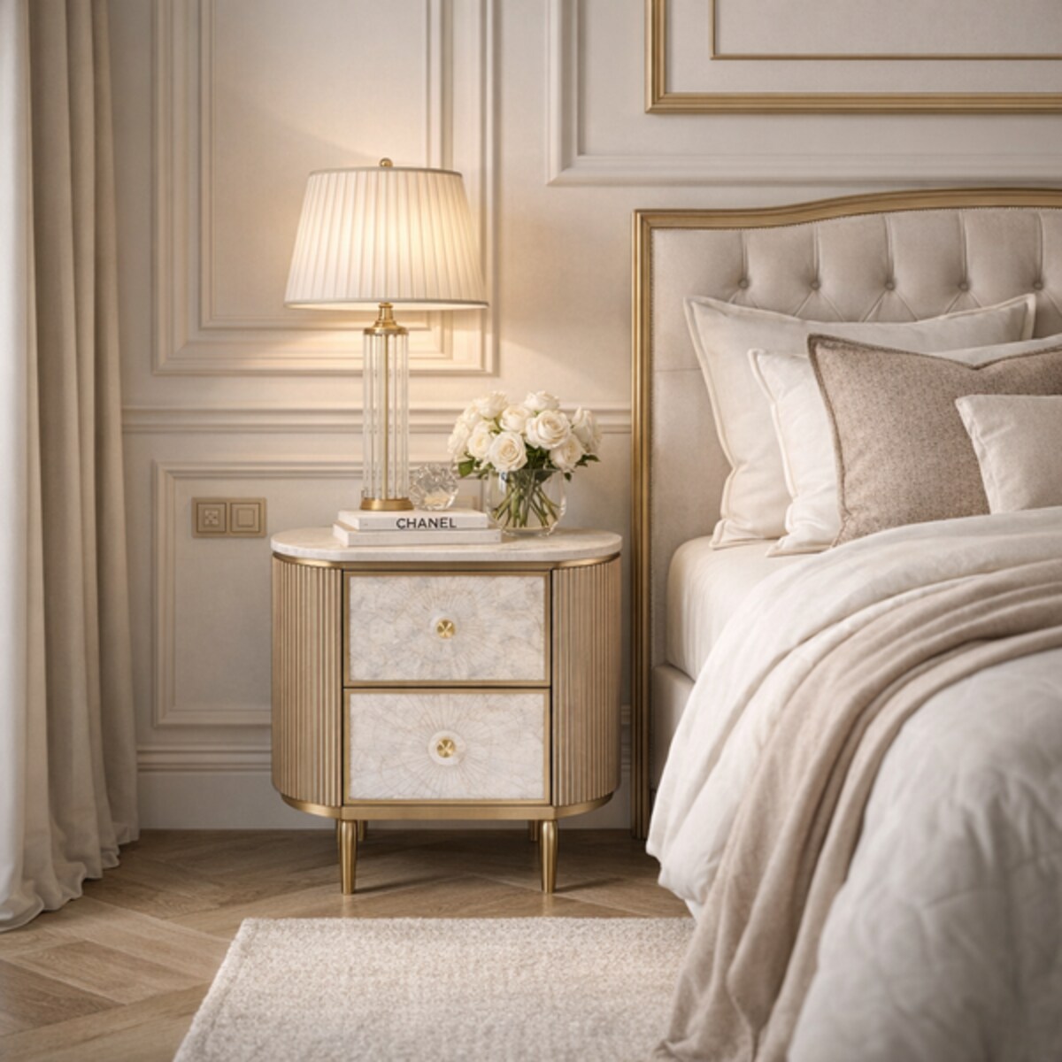 Złota szafka nocna glamour Champion z muszlami i spiekiem 55x40x55