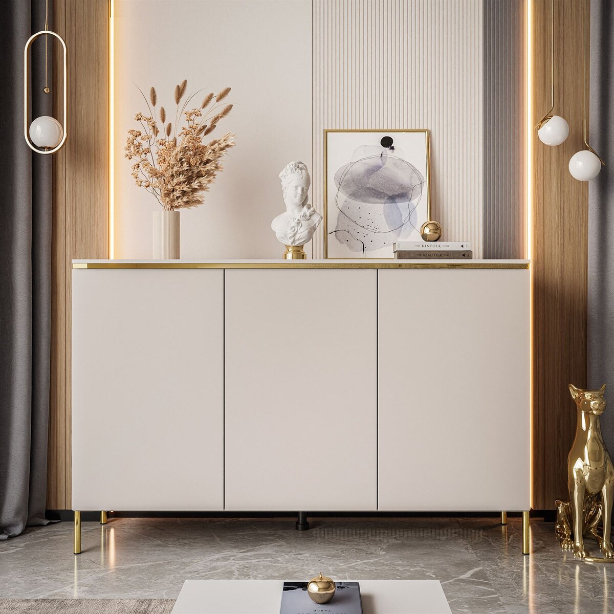 Komoda AURORA 3D Kaschmir 140x95x40 cm - mat, płyta laminowana, złote/chromowane nogi
