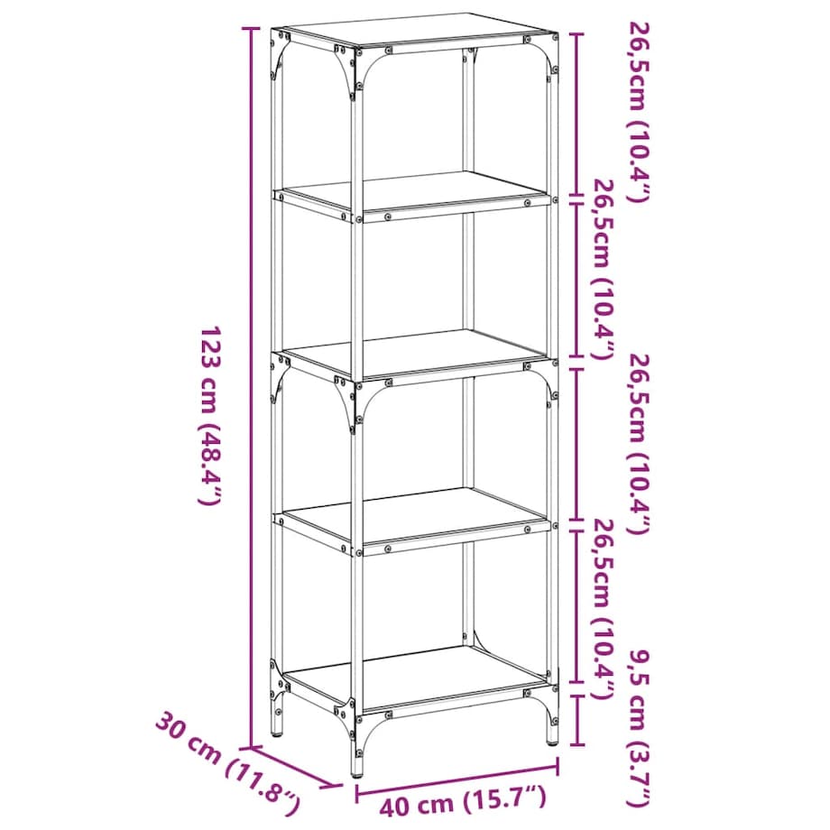 vidaXL Regał z czarnymi, szklanymi półkami, 40x30x123 cm, stal