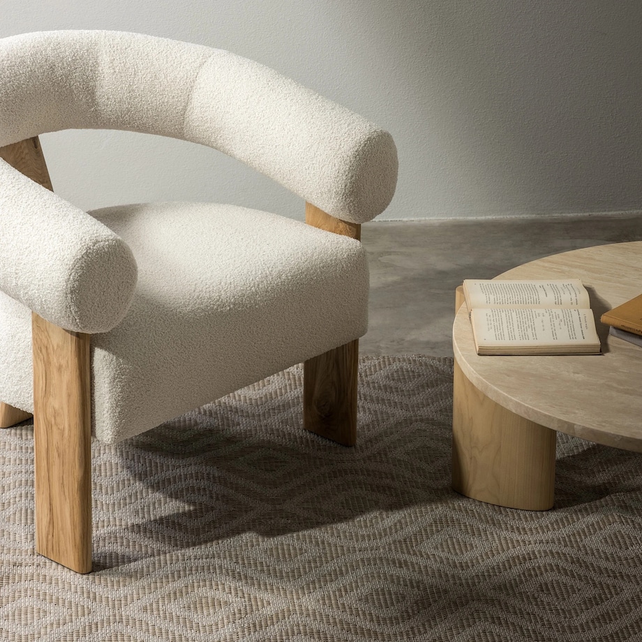 Fotel wypoczynkowy jasnobeżowy bouclé/dąb Ilady