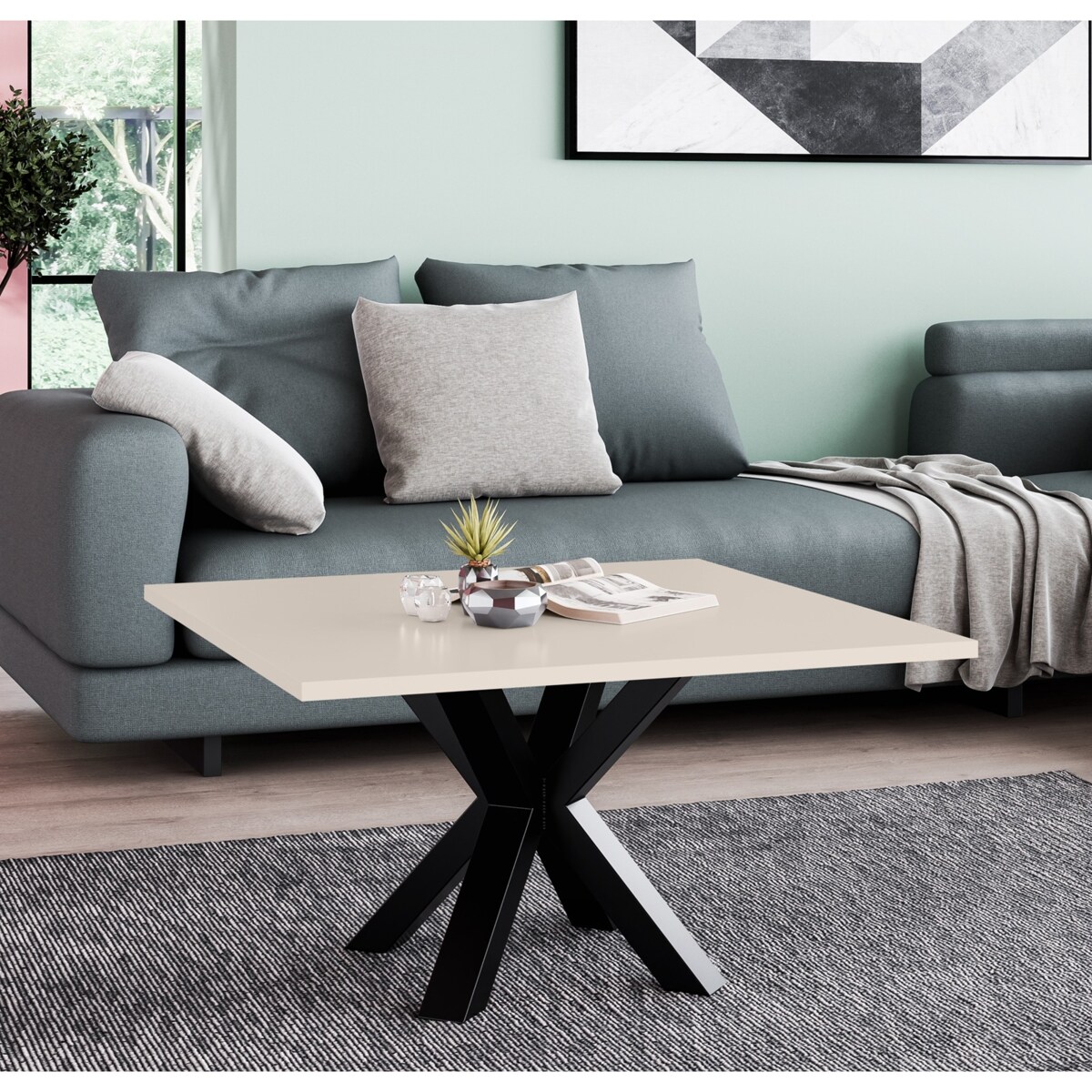 Stolik kawowy NEO kwadratowy 80x80 z metalową podstawą- kaszmir