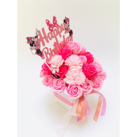 FLOWER BOX RÓŻOWE kwiaty MYDLANE na urodziny dziewczynki prezent MINNIE