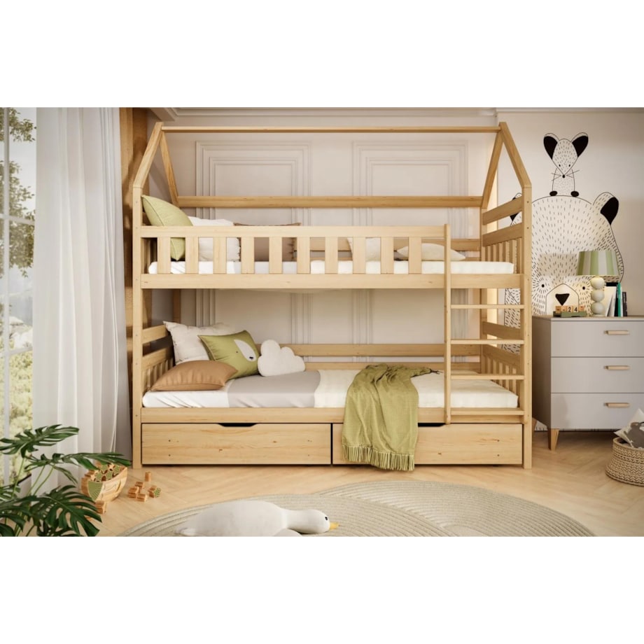 Łóżko piętrowe domek FELIKS 160x80 sosna lakierowana drewniane z szufladami