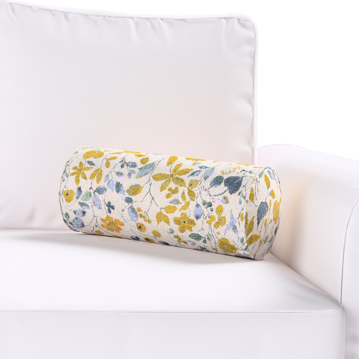 Poduszka wałek prosty, żółto-niebieskie kwiaty na kremowym tle, Ø16 x 40 cm, Cosy Home