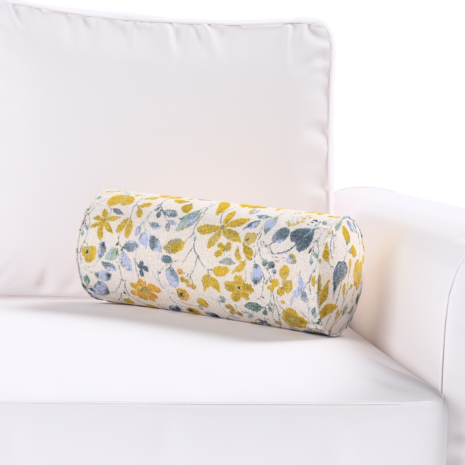 Poduszka wałek prosty, żółto-niebieskie kwiaty na kremowym tle, Ø16 x 40 cm, Cosy Home