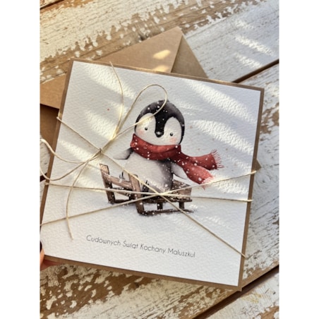 Kartka świąteczna ręcznie robiona na Boże Narodzenie z pingwinkiem 3