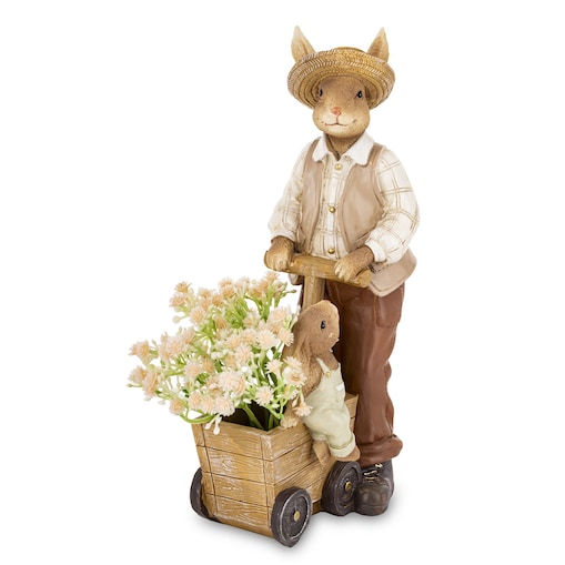 Dekoracja - królik OGRODNIK z drewnianym wózkiem 24x9,5x13,5 cm