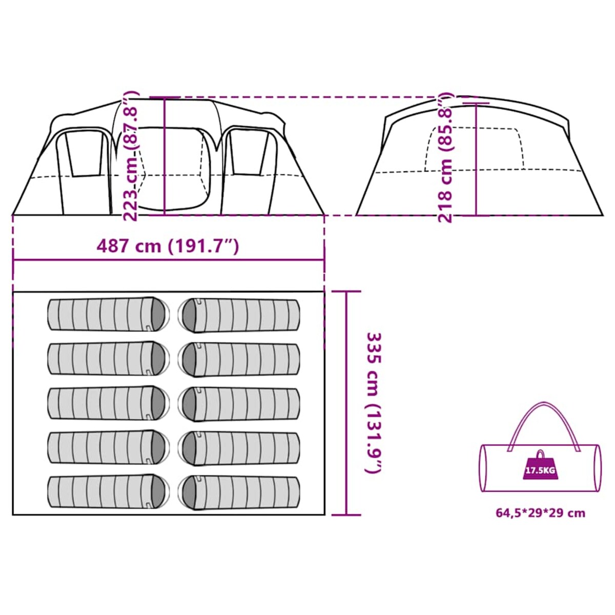 vidaXL Namiot rodzinny, 10-osobowy, szary, wodoszczelny