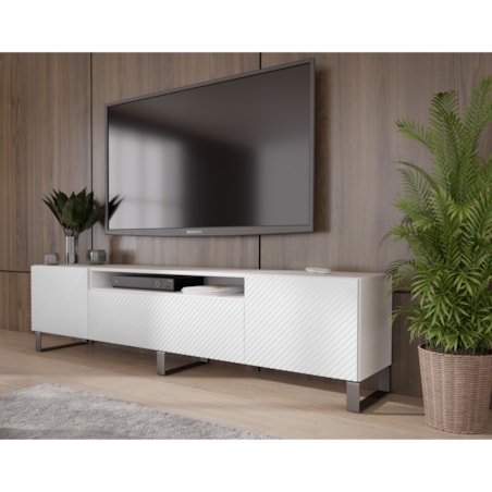 Szafka RTV NIKOL 200cm na metalowych nogach, frezowane fronty-biała