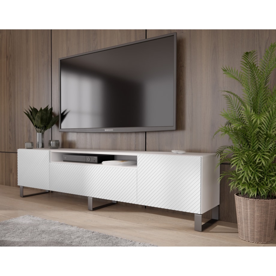 Szafka RTV NIKOL 200cm na metalowych nogach, frezowane fronty-biała