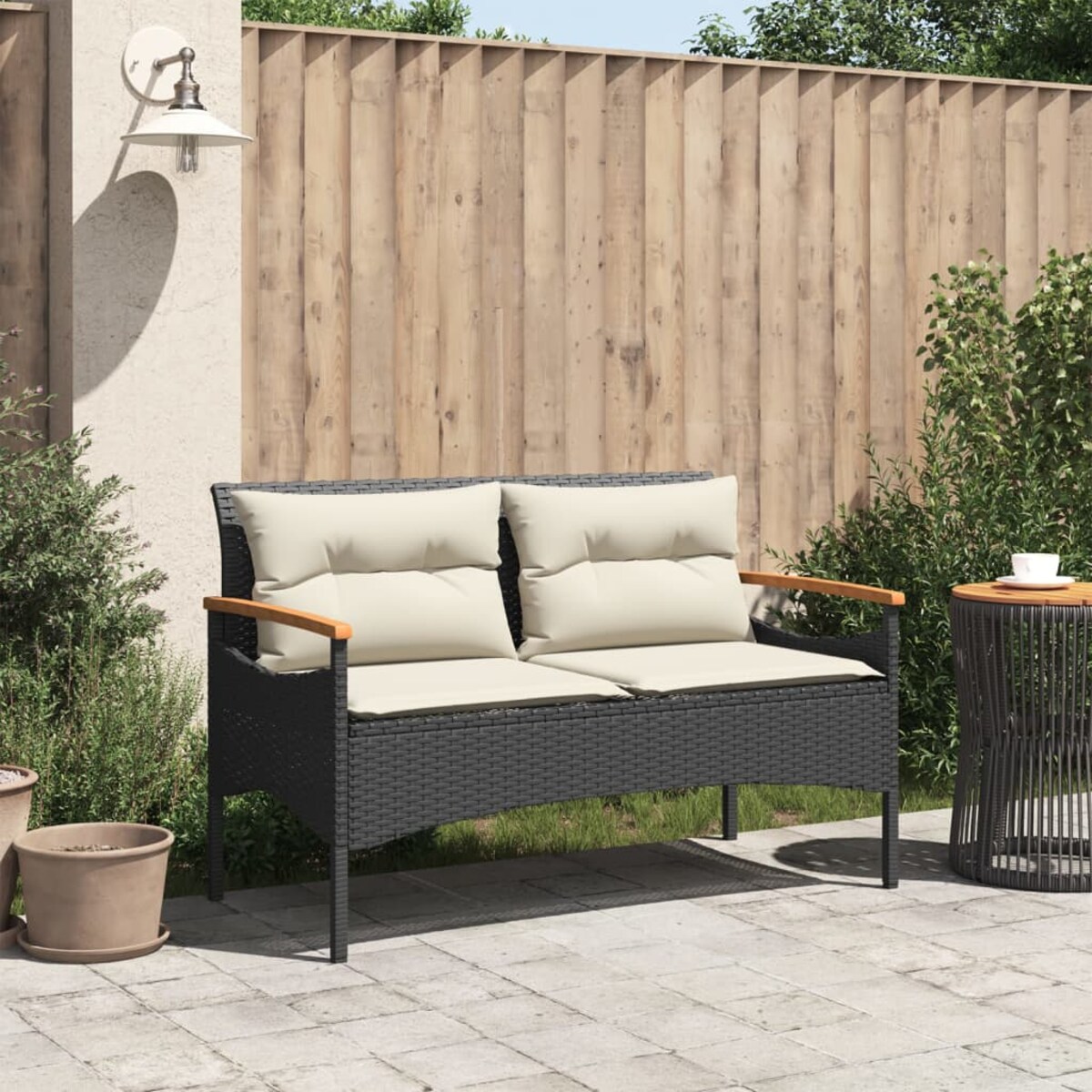 vidaXL Ławka ogrodowa z poduszkami, 116x62,5x74 cm, czarna, polirattan
