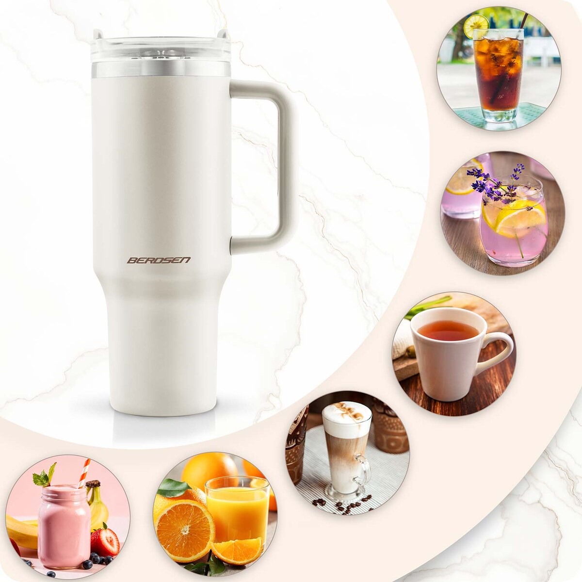 Kubek termiczny Berdsen kremowy 1180ml stal nierdzewna zimne ciepłe napoje + zestaw słomek