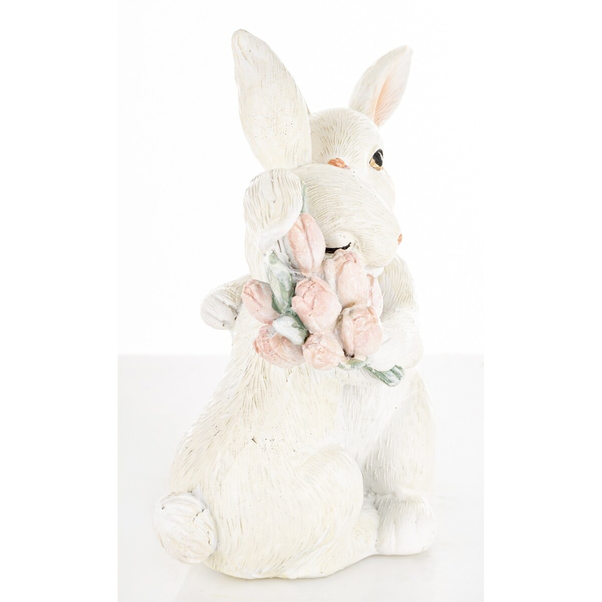 Dekoracja - para króliczków 11x11x6 cm z różowymi tulipanami