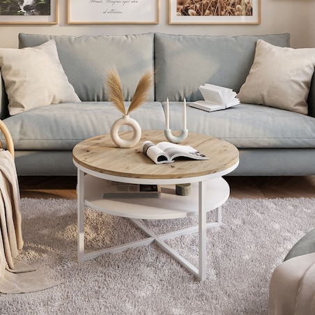 Stolik kawowy CIRI-X z półką biały dąb artisan