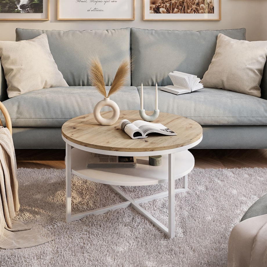 Stolik kawowy CIRI-X z półką biały dąb artisan