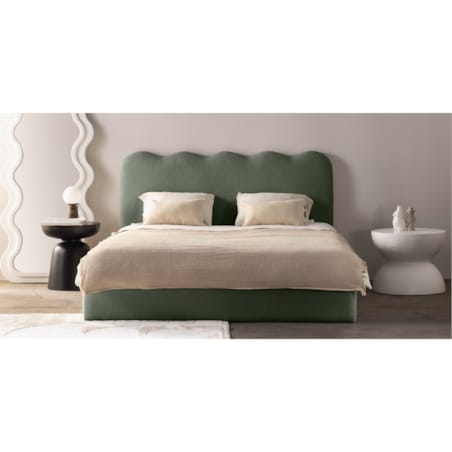 Łóżko 160x200 cm ze stelażem i pojemnikiem bouclé ciemnozielone