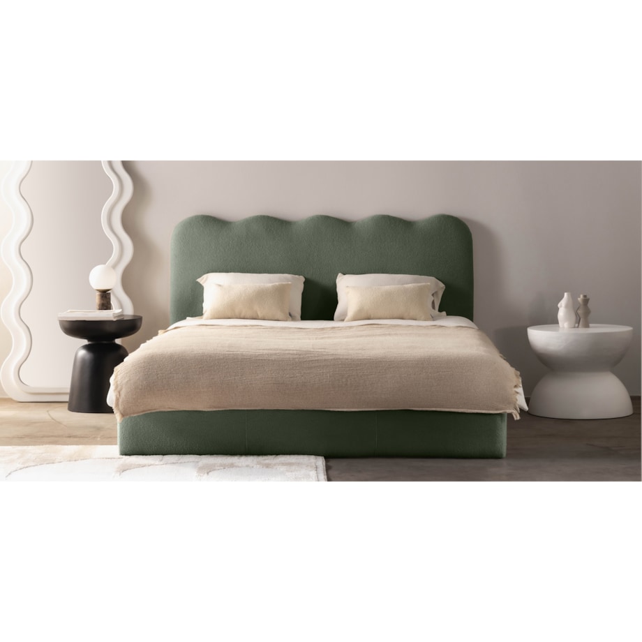 Łóżko 160x200 cm ze stelażem i pojemnikiem bouclé ciemnozielone