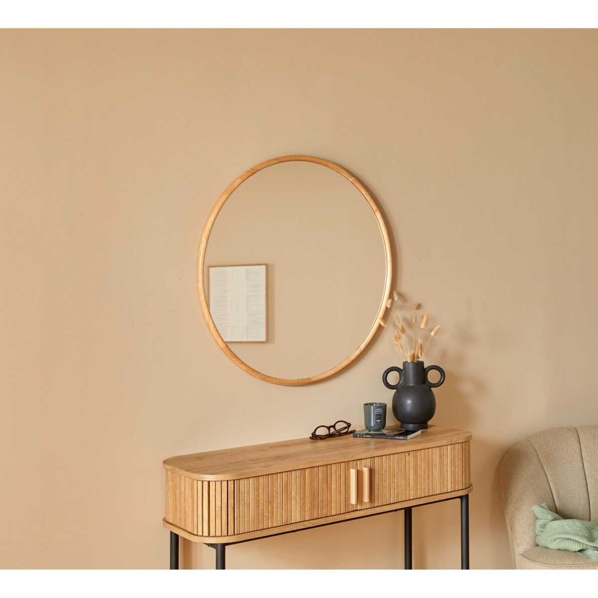 Lustro ścienne KIM w drewnianej ramie, Ø 75 cm