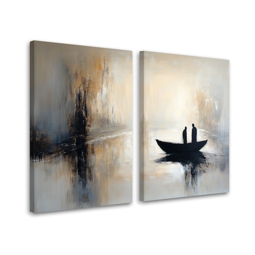 Nowoczesny Zestaw 2 obrazów do salonu sypialni biura kuchni jadalni Beżowa abstrakcja łódka i postacie 80x60 (2x40x60)