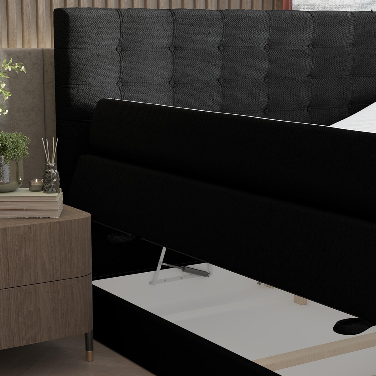 Łóżko kontynentalne STATE 180x200 z pojemnikiem, Czarny, tkanina Megan 368