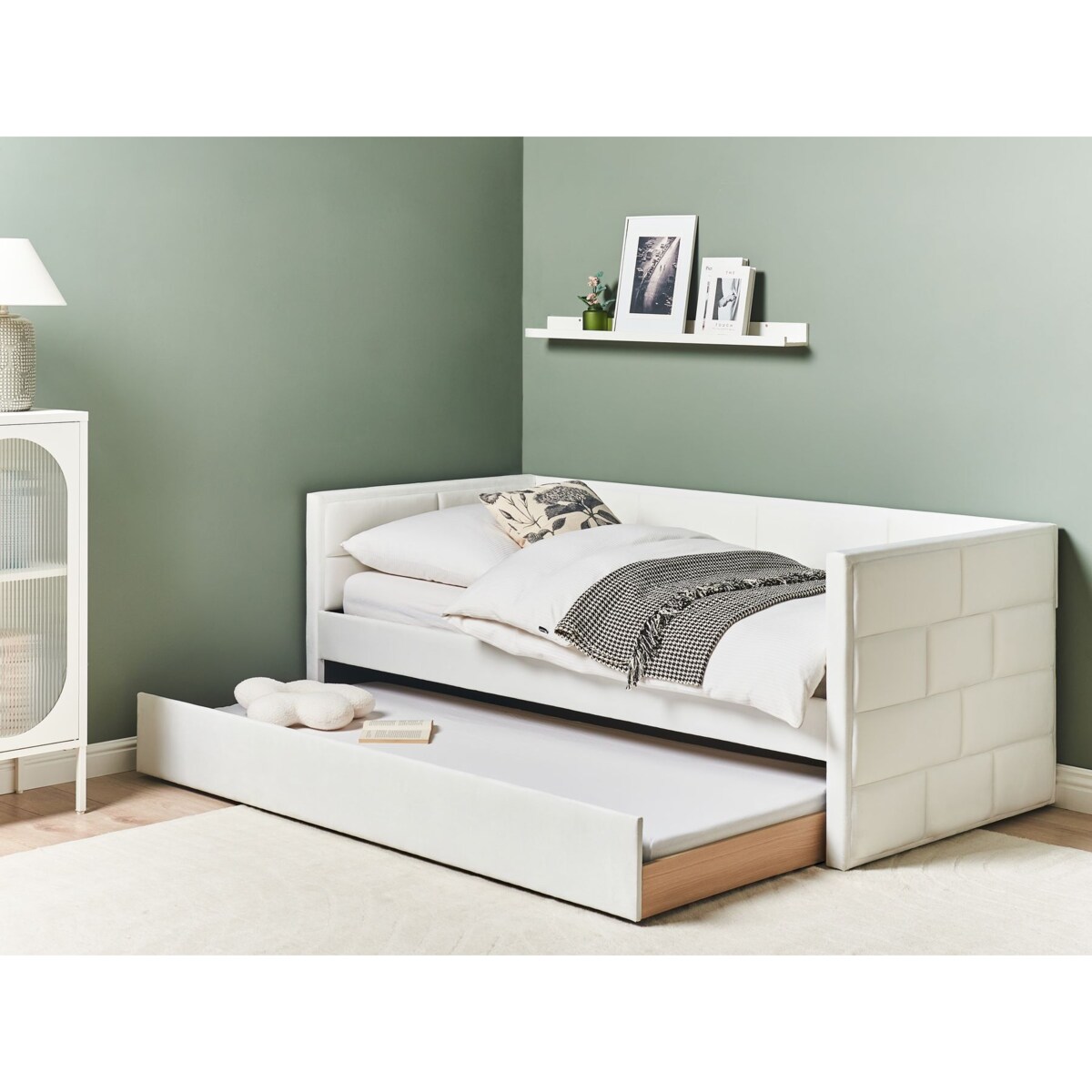 Łóżko wysuwane Welur CHAVONNE 90 x 200 cm Złamana biel