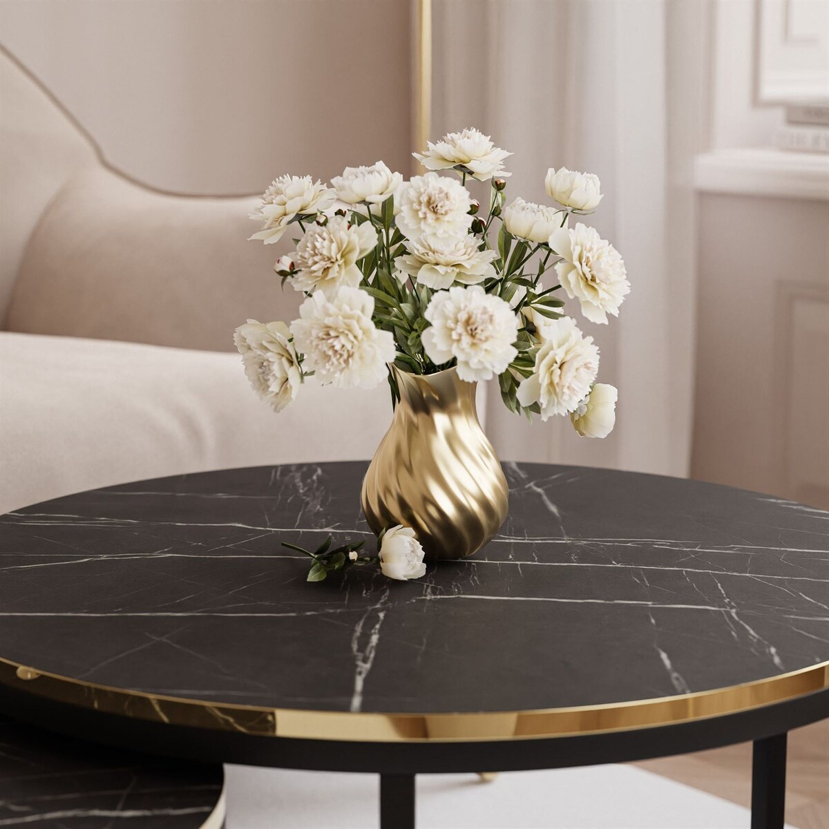 Okrągły stolik kawowy SOLEIL 2w1 czarny grigia pietra