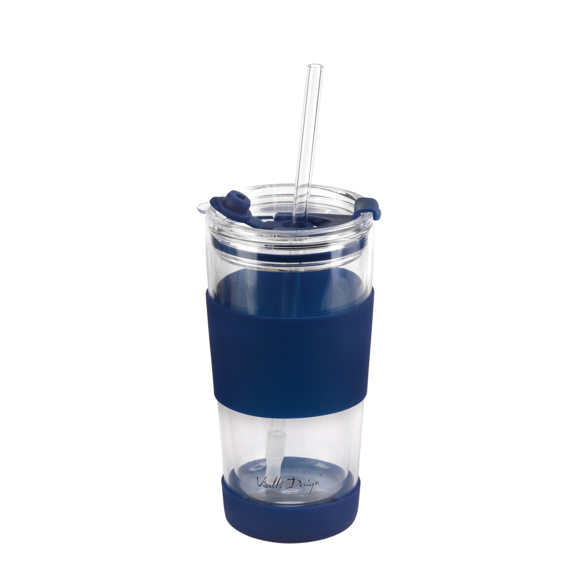 Kubek termiczny szklany ze słomką 600 ml granatowy Fuori 30381