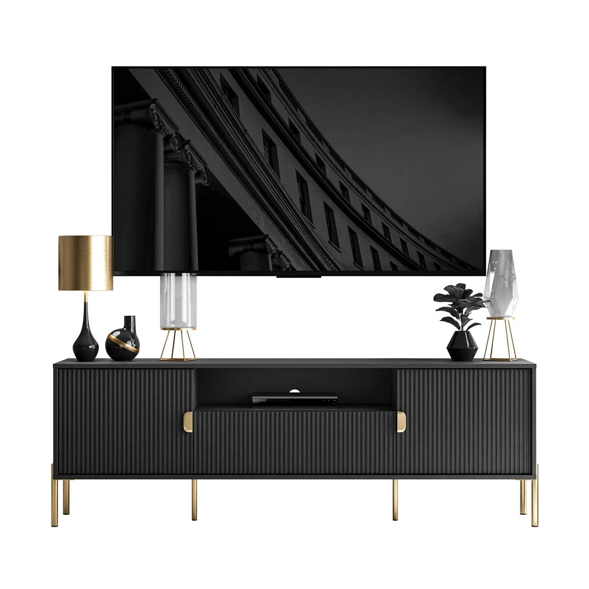 Szafka RTV DALIA 180 cm, czarna, nóżki złote