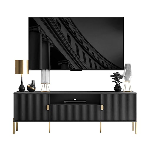 Szafka RTV DALIA 180 cm, czarna, nóżki złote