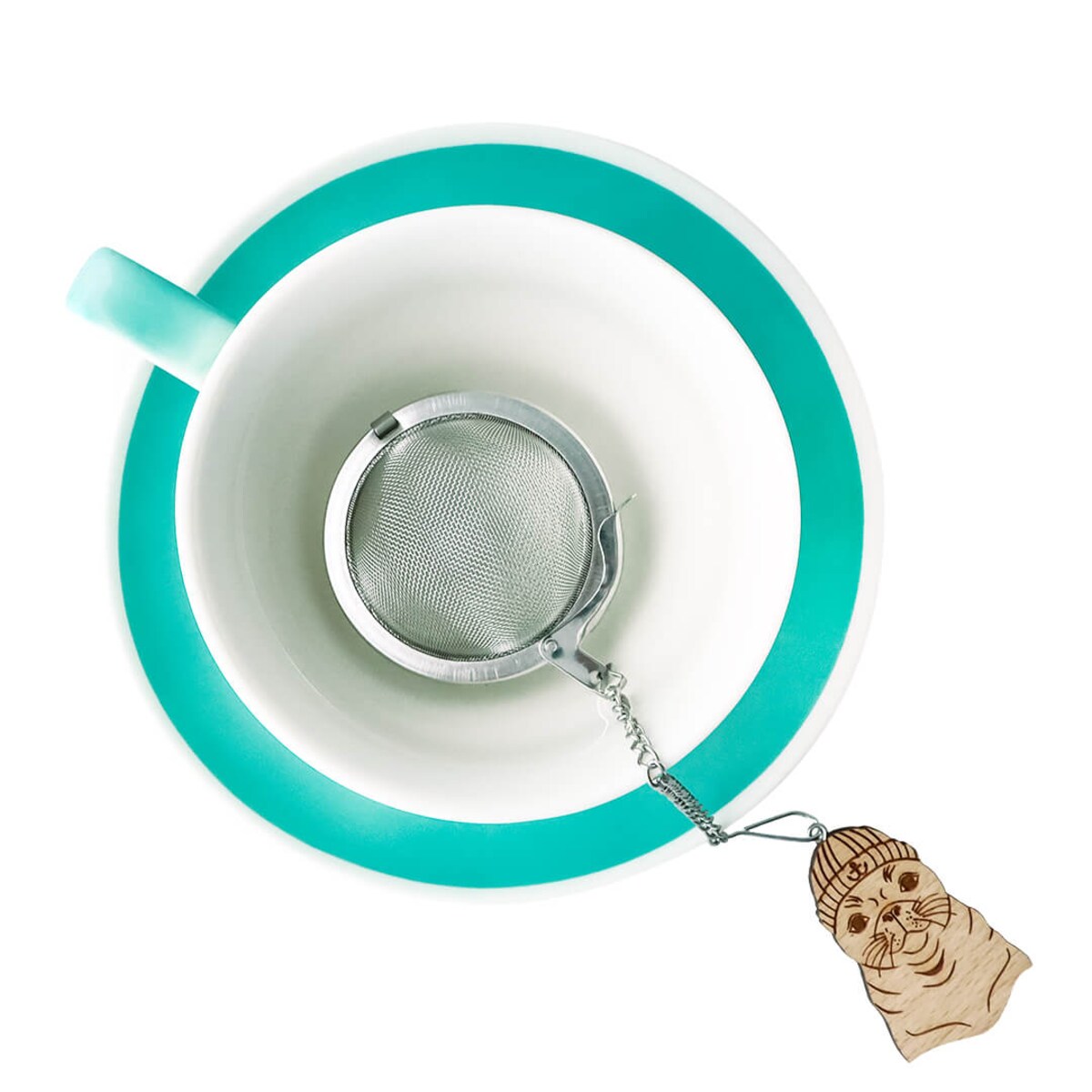 Metalowy zaparzacz wykonany ze stali nierdzewnej do herbaty z drewnianą „zawieszką foką” na łańcuszku, idealny w przygotowaniu ulubionej herbaty, poręczny, zgrabny, świetny podarunek dla fanatyków mo