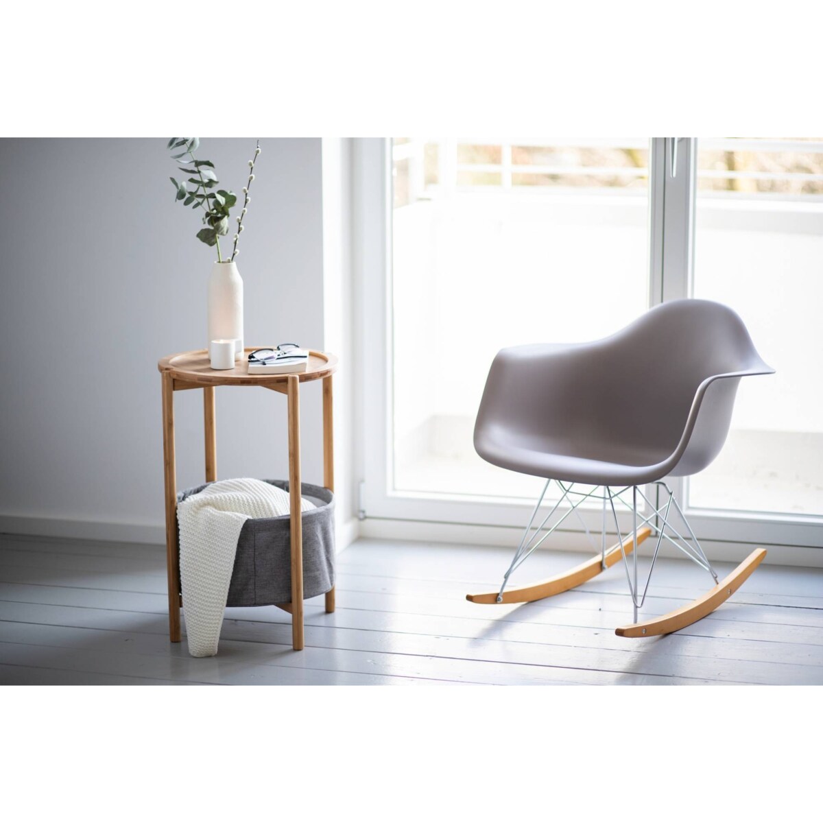 Stolik pomocniczy BAHARI, bambusowy, z materiałowym koszem do przechowywania, okrągły, WENKO